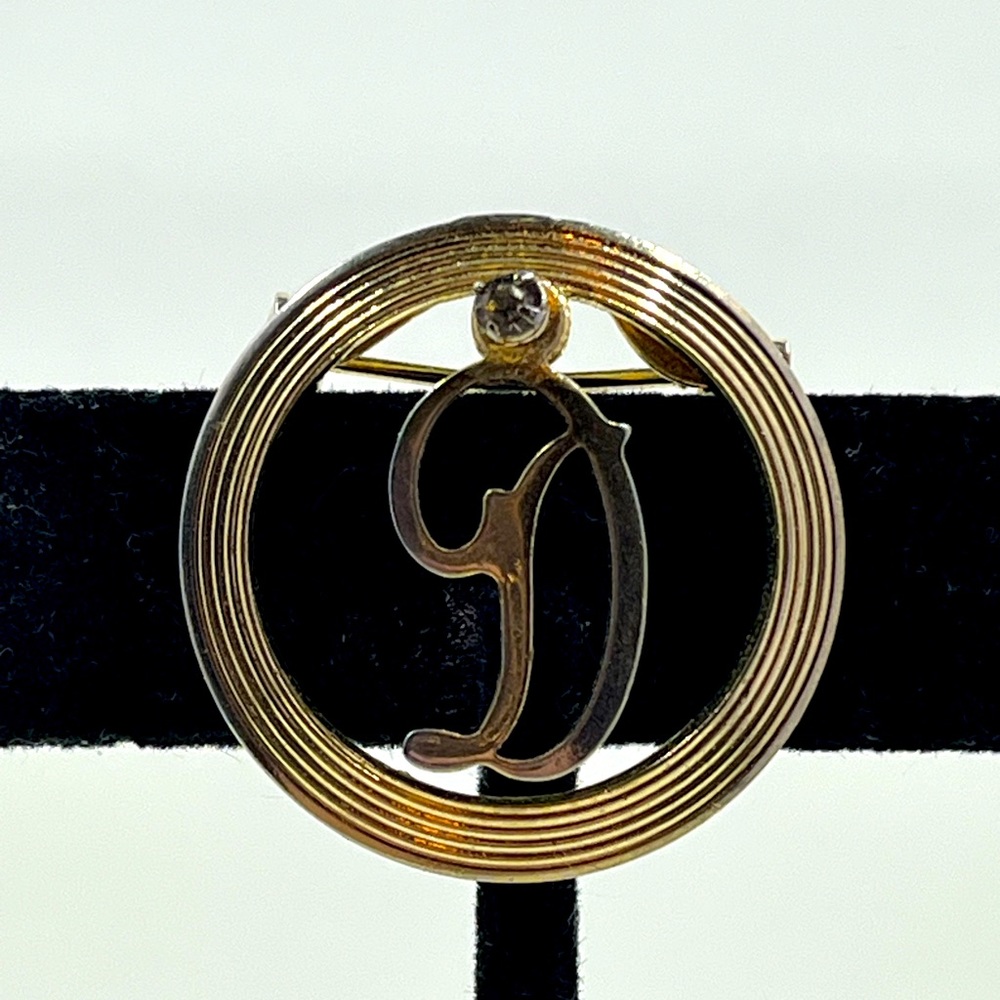 Letter D Initial Vintage Brooch with Crystal Accent